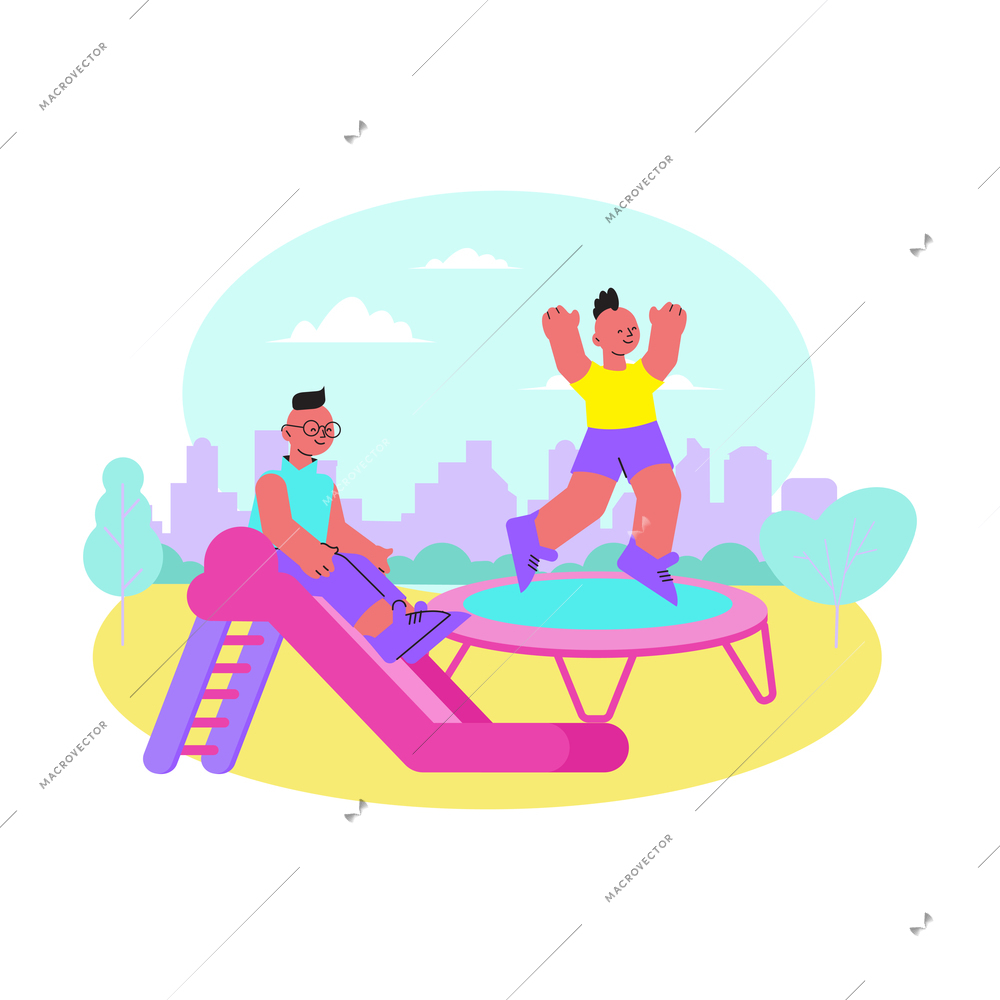 Entertainment center flat composition with happy children enjoying amusement park slide and trampoline vector illustration