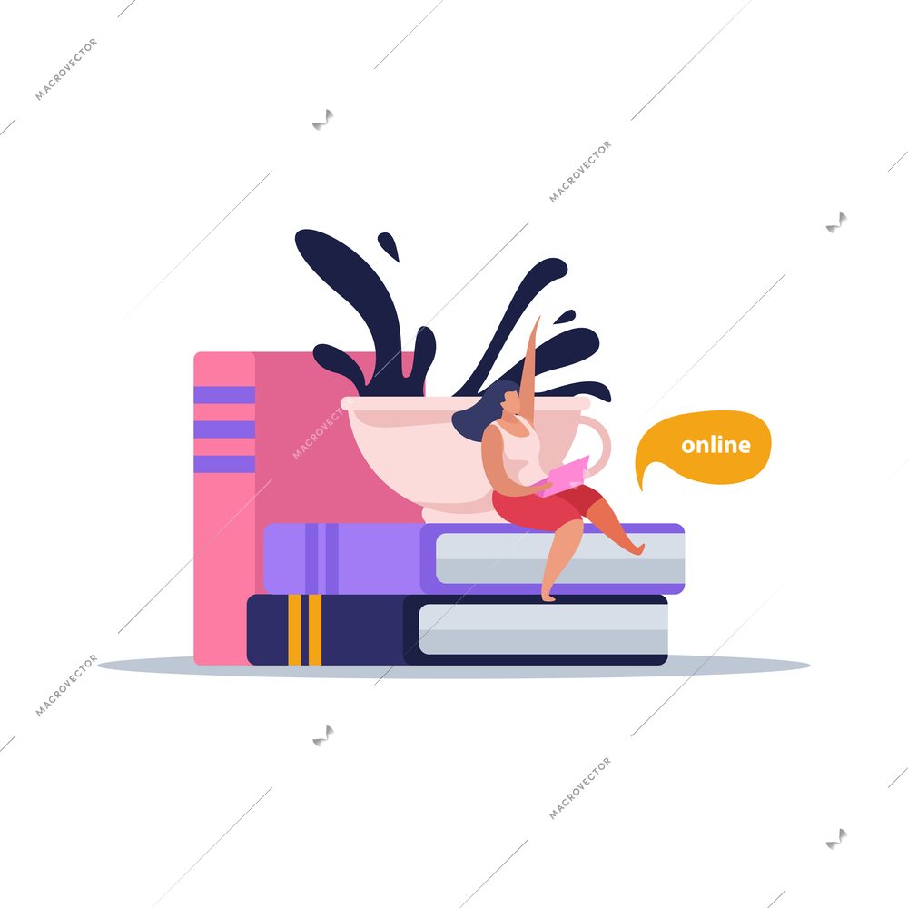 E-learning home schooling flat composition with cup of coffee and stack of books vector illustration