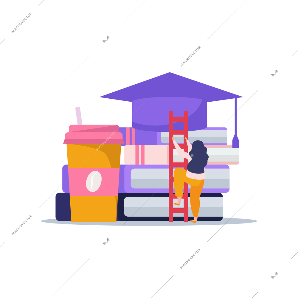 E-learning home schooling flat composition with stack of books ladder and coffee cup vector illustration