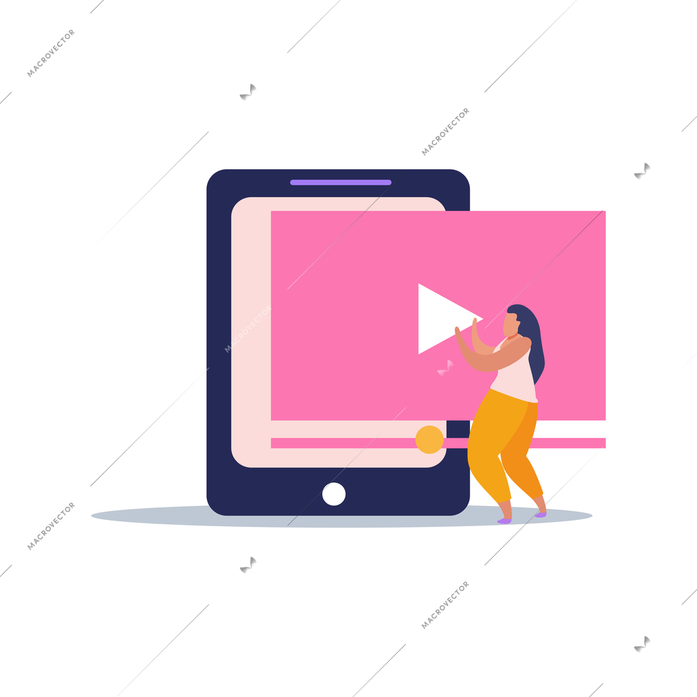 E-learning home schooling flat composition with woman and video clip with play button vector illustration