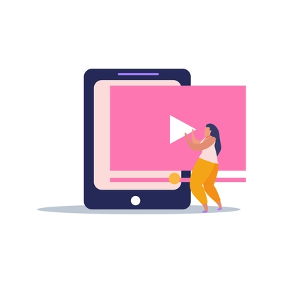 E-learning home schooling flat composition with woman and video clip with play button vector illustration