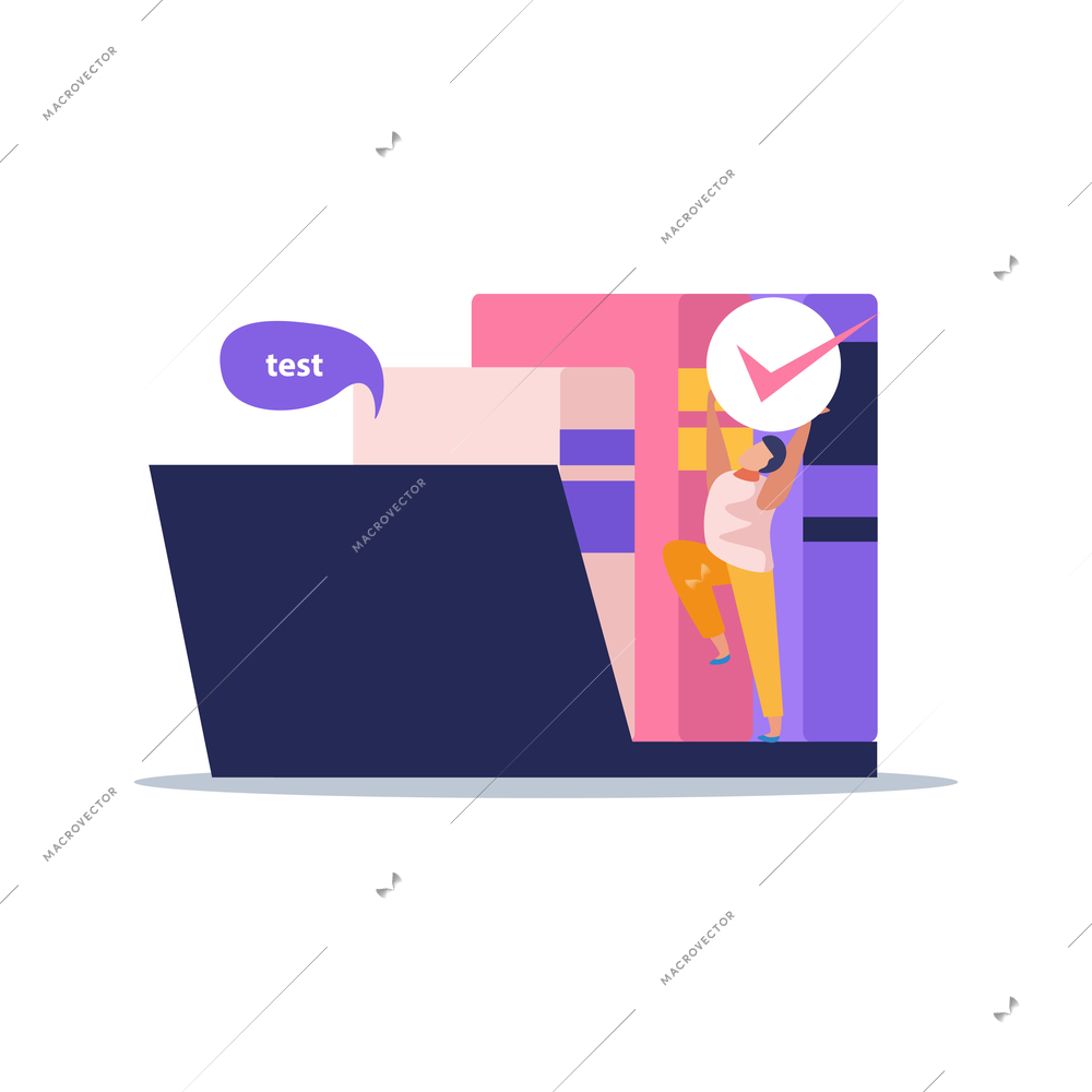 E-learning home schooling flat composition with row of books laptop and jumping man vector illustration