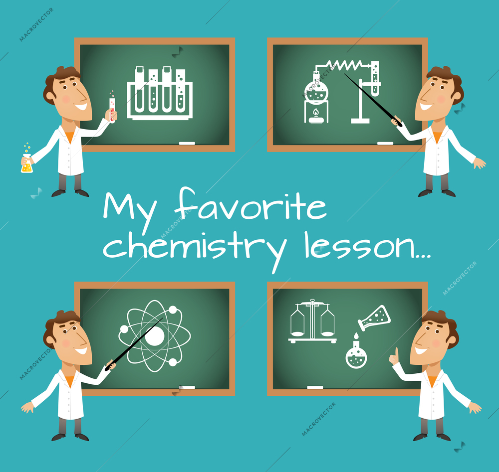 Scientists in chemistry science lesson with chalkboard set vector illustration