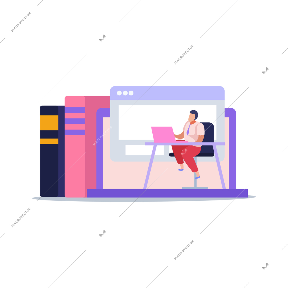 E-learning home schooling flat composition with man at table and books row vector illustration