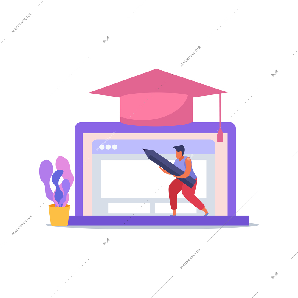 E-learning home schooling flat composition with academic hat on top of laptop vector illustration