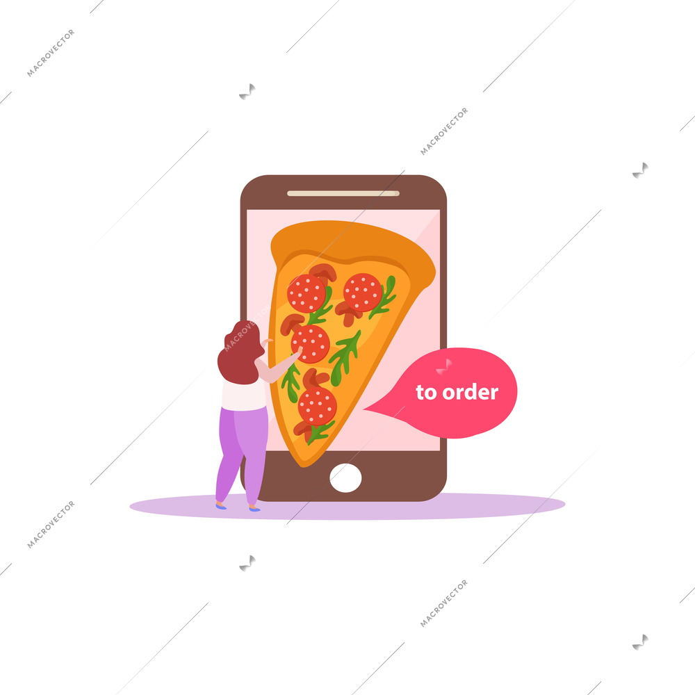 Food delivery flat composition with isolated images of woman ordering pizza in app vector illustration