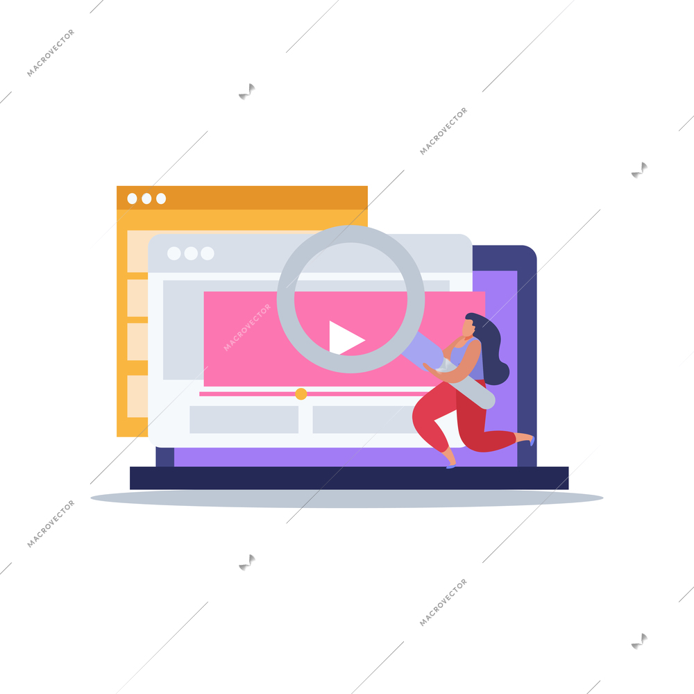 E-learning home schooling flat composition with hand lens and laptop with web pages vector illustration