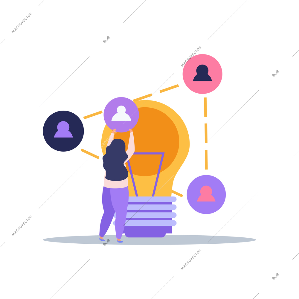 E-learning home schooling flat composition with flowchart icons and idea lamp with woman vector illustration