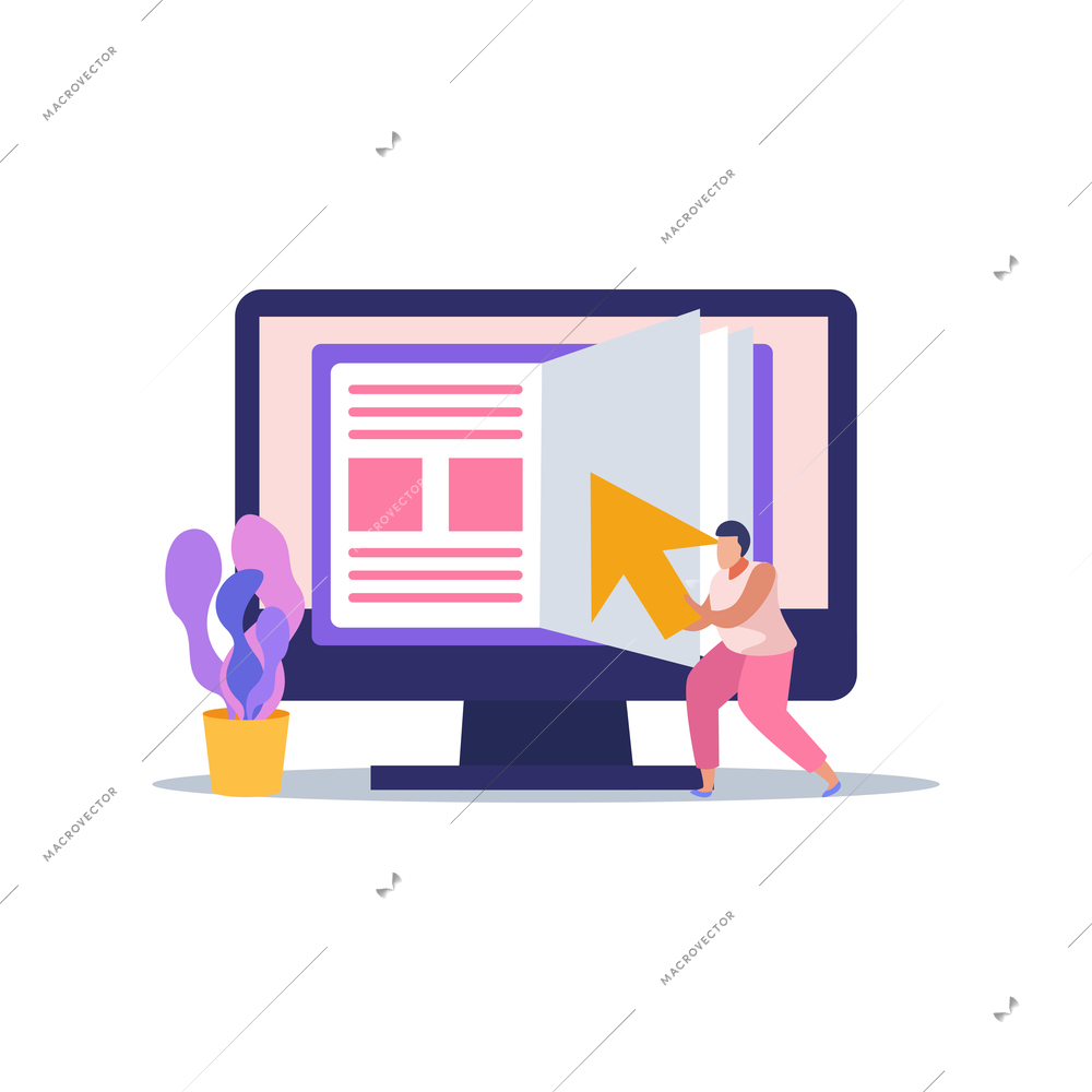 E-learning home schooling flat composition with desktop computer screen and person holding cursor vector illustration