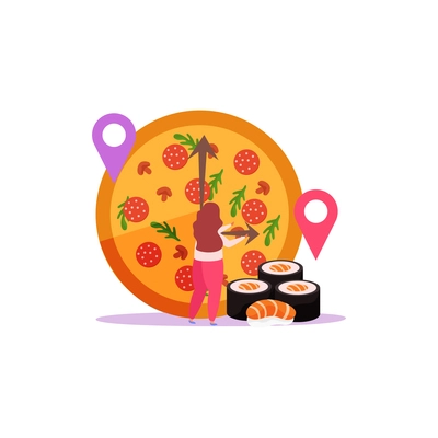 Food delivery flat composition with isolated images of sushi big pizza and woman vector illustration