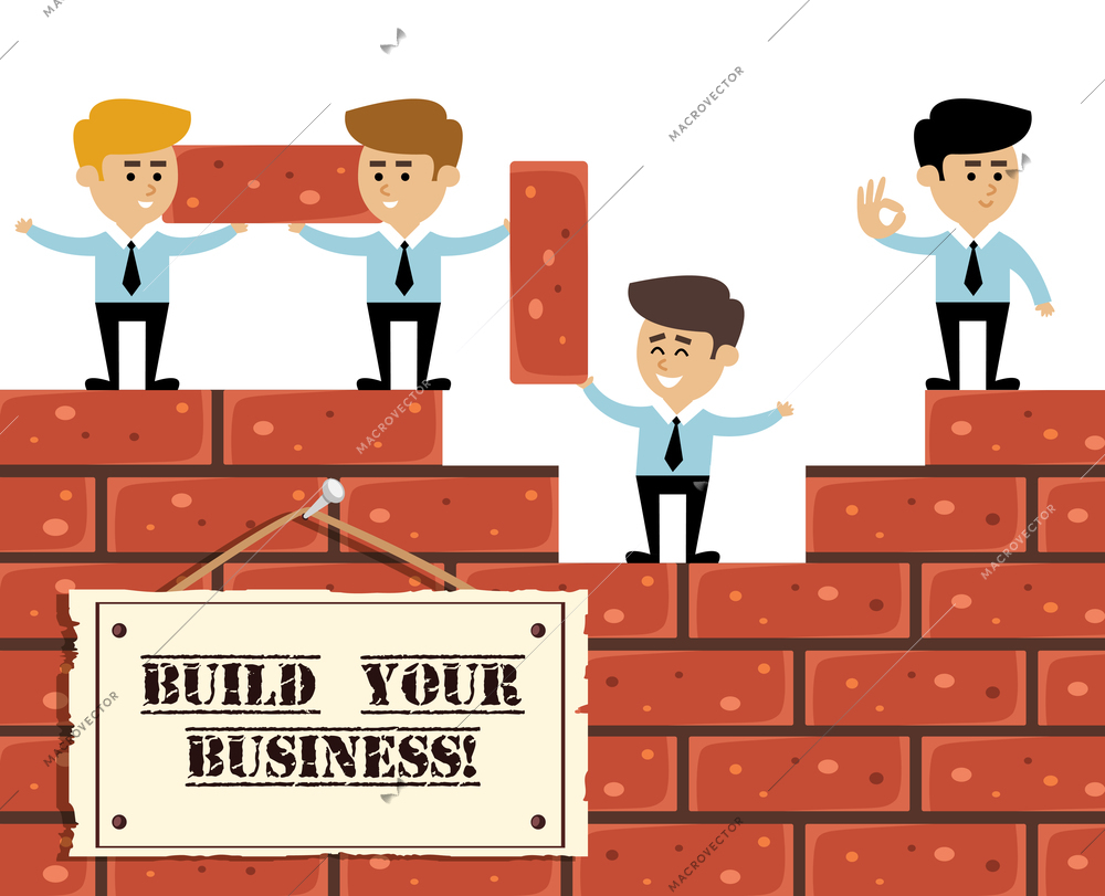 Build business concept with businessmen on brick wall construction vector illustration