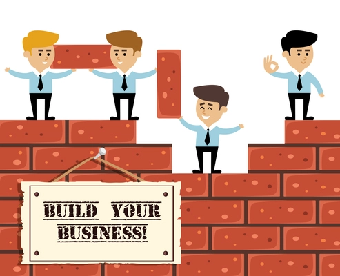 Build business concept with businessmen on brick wall construction vector illustration