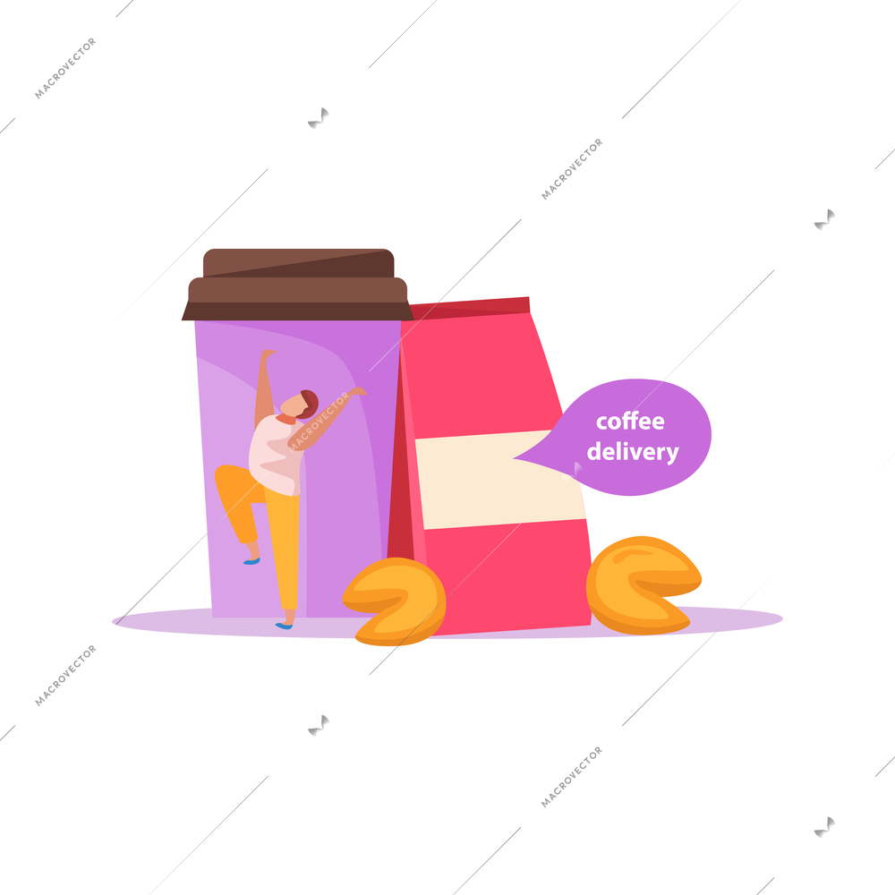 Food delivery flat composition with isolated images of carton coffee cup with cookies vector illustration