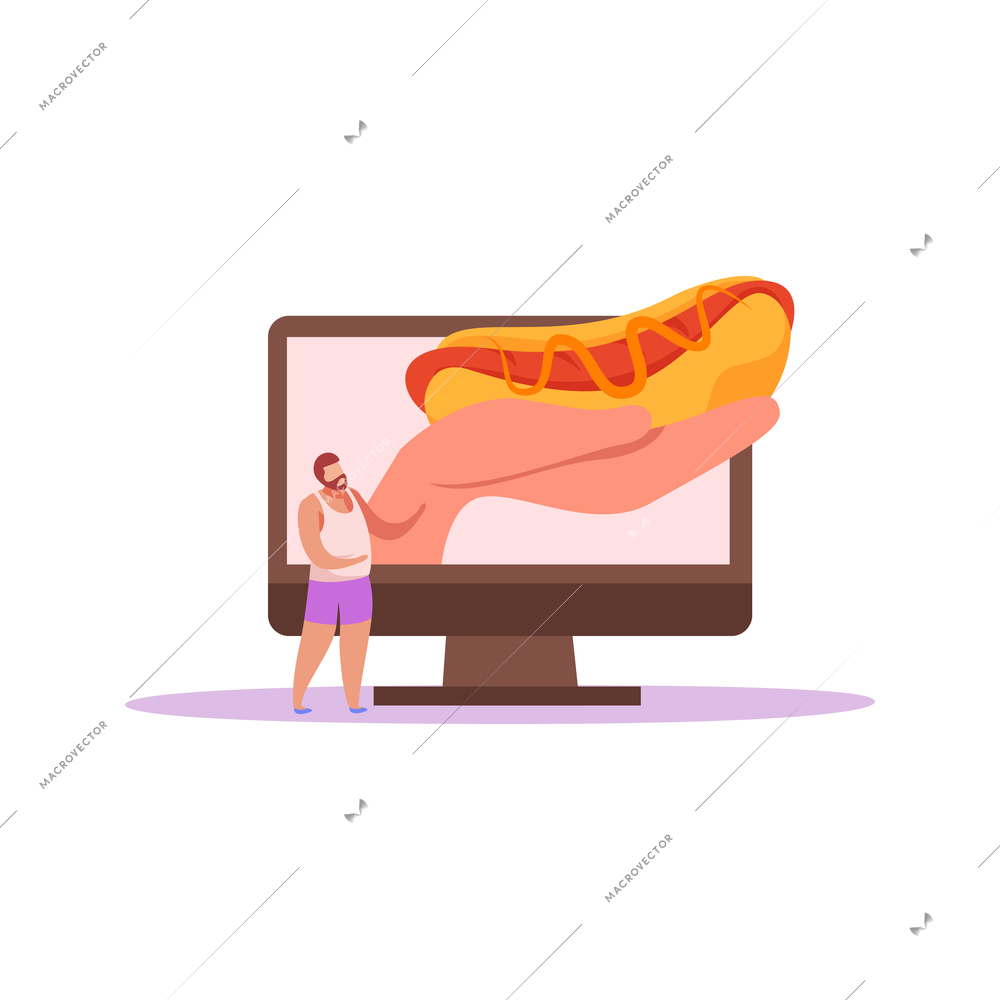 Food delivery flat composition with isolated images of desktop computer hand holding hotdog vector illustration