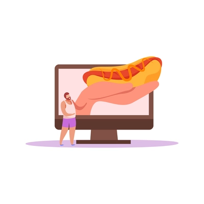 Food delivery flat composition with isolated images of desktop computer hand holding hotdog vector illustration