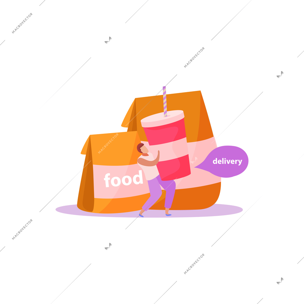 Food delivery flat composition with isolated images of fast food meal with drink vector illustration