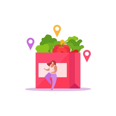 Food delivery flat composition with isolated images of pack full of greens with location vector illustration