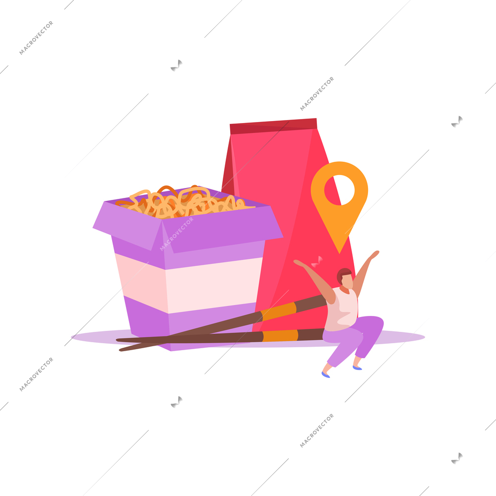 Food delivery flat composition with isolated images of meal and location signs vector illustration