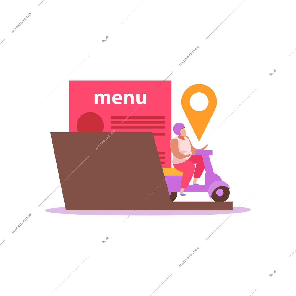 Food delivery flat composition with isolated images of scooter with restaurant menu vector illustration