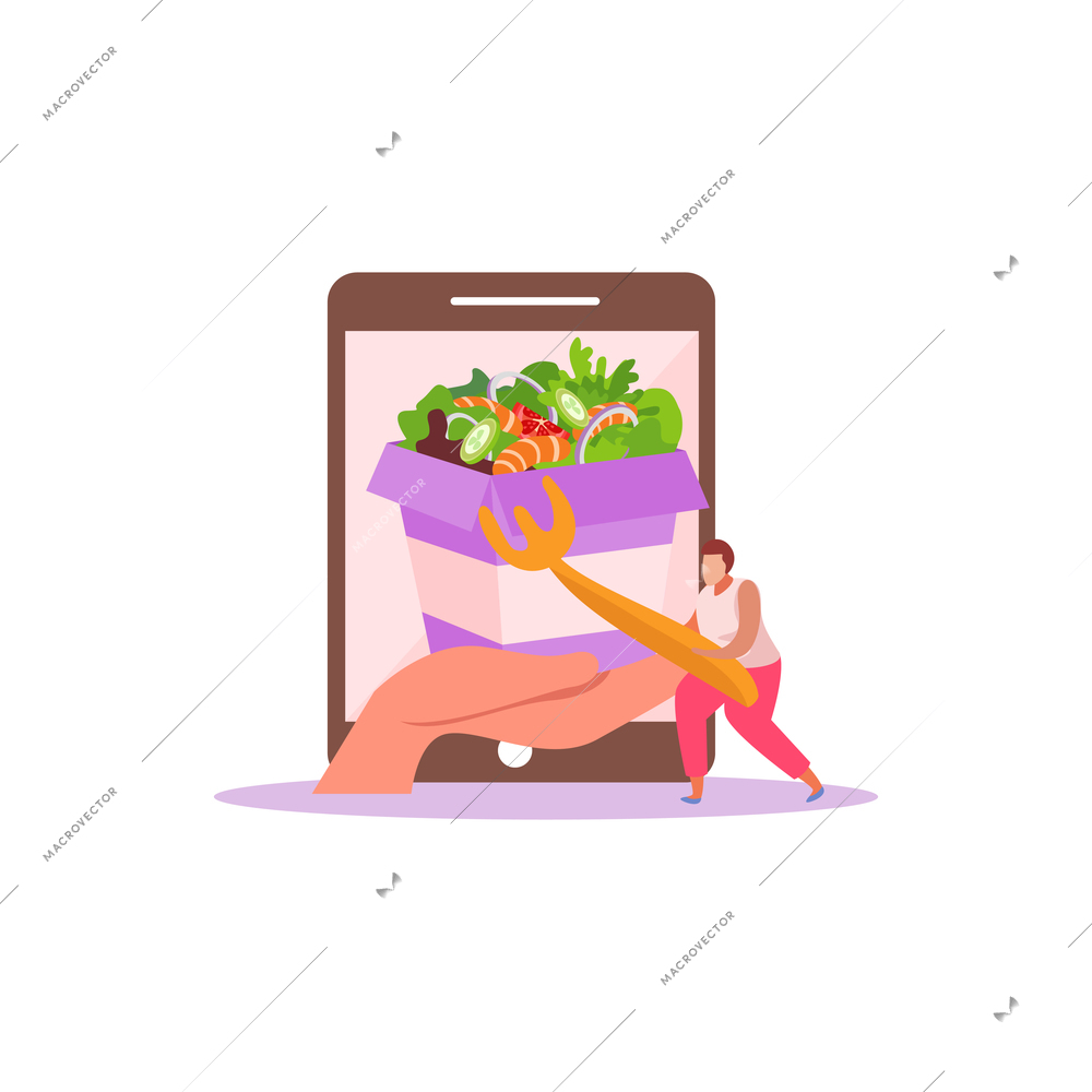 Food delivery flat composition with isolated image of lunch box in hand inside tablet screen vector illustration