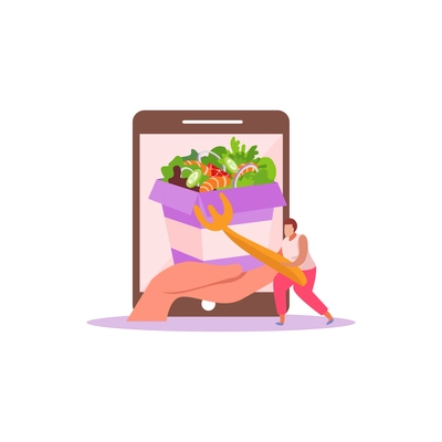 Food delivery flat composition with isolated image of lunch box in hand inside tablet screen vector illustration