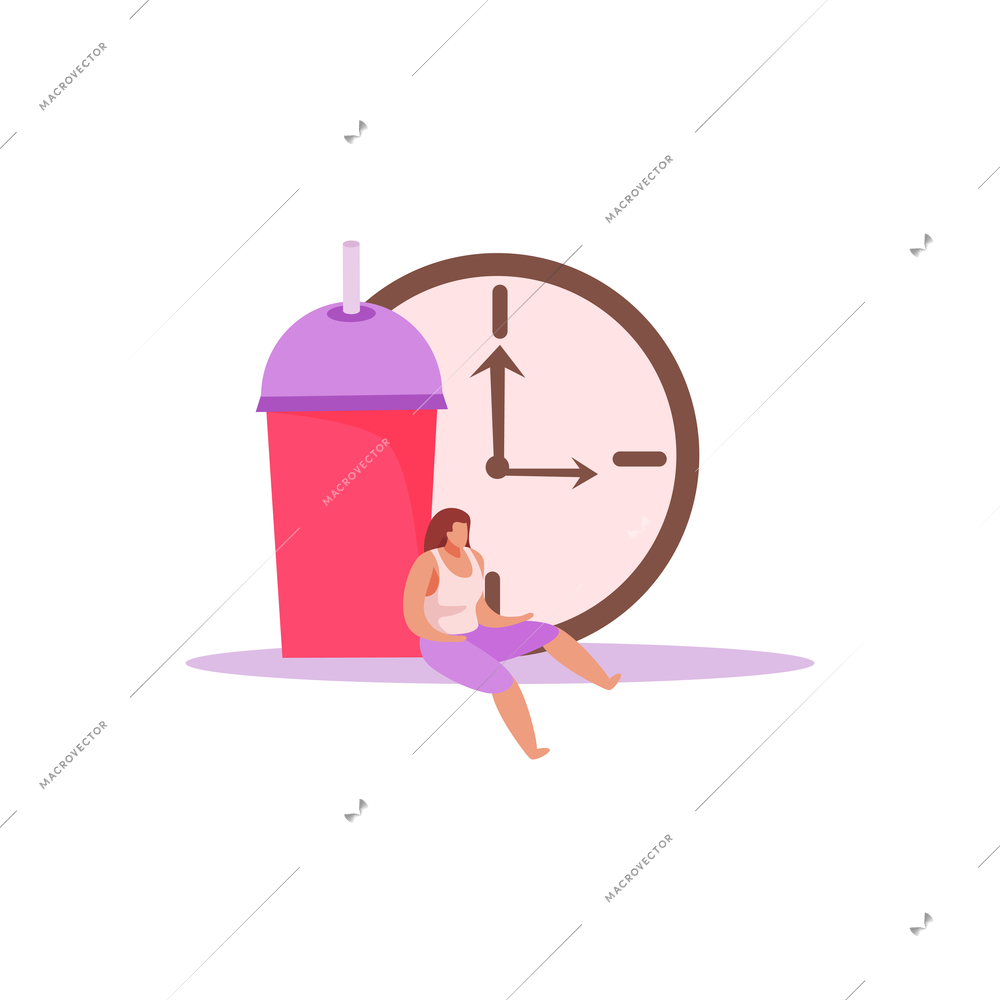 Food delivery flat composition with isolated images of clock icon client and drinking cup vector illustration