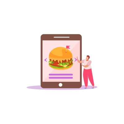 Food delivery flat composition with isolated images of client ordering burger in app vector illustration