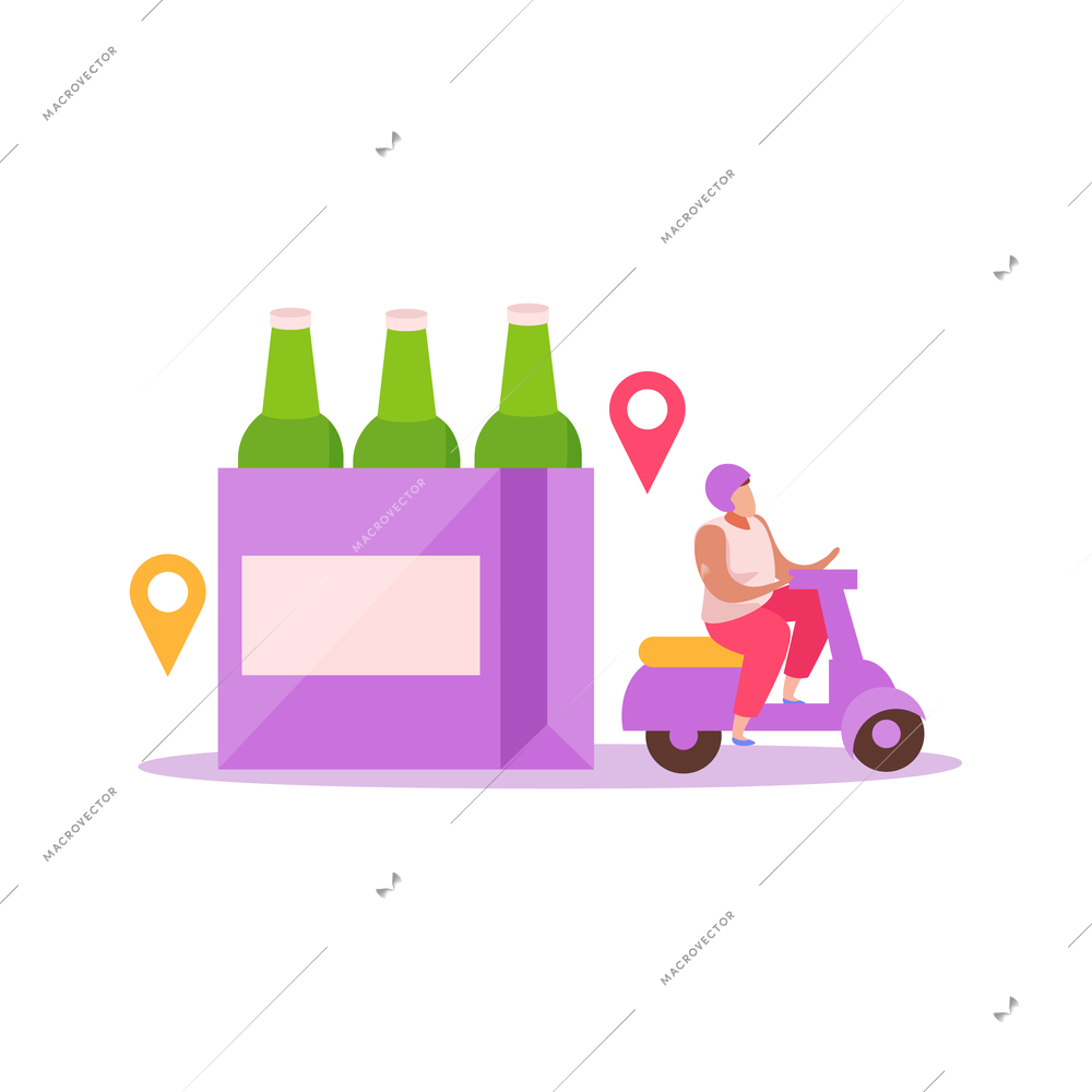 Food delivery flat composition with isolated images of scooter courier carrying pack of beer vector illustration