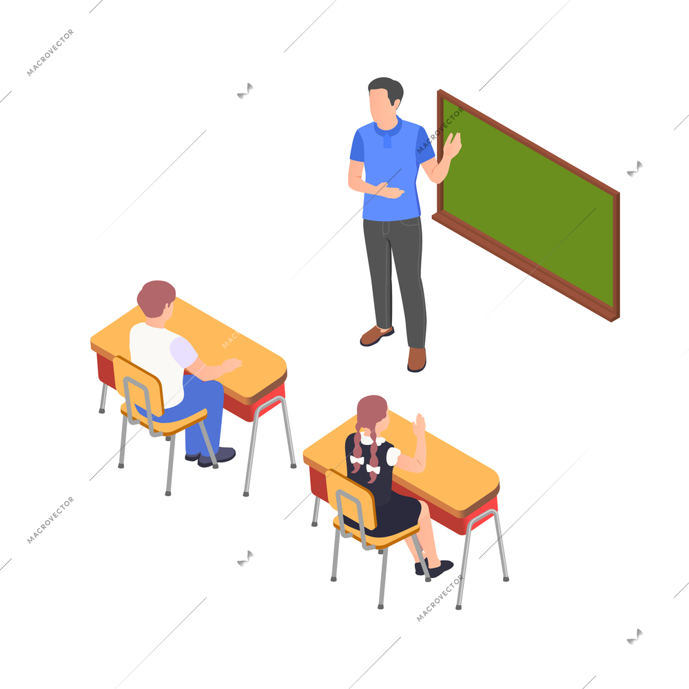 Charity donation volunteering isometric composition with kids in classroom and teacher at blackboard vector illustration