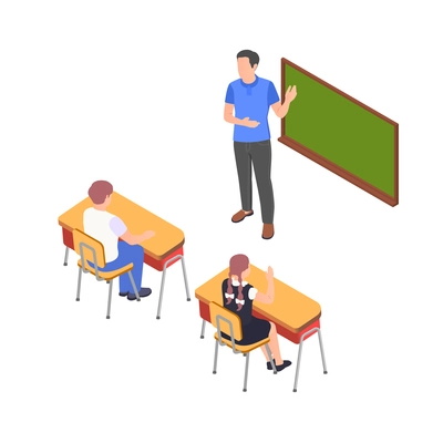 Charity donation volunteering isometric composition with kids in classroom and teacher at blackboard vector illustration