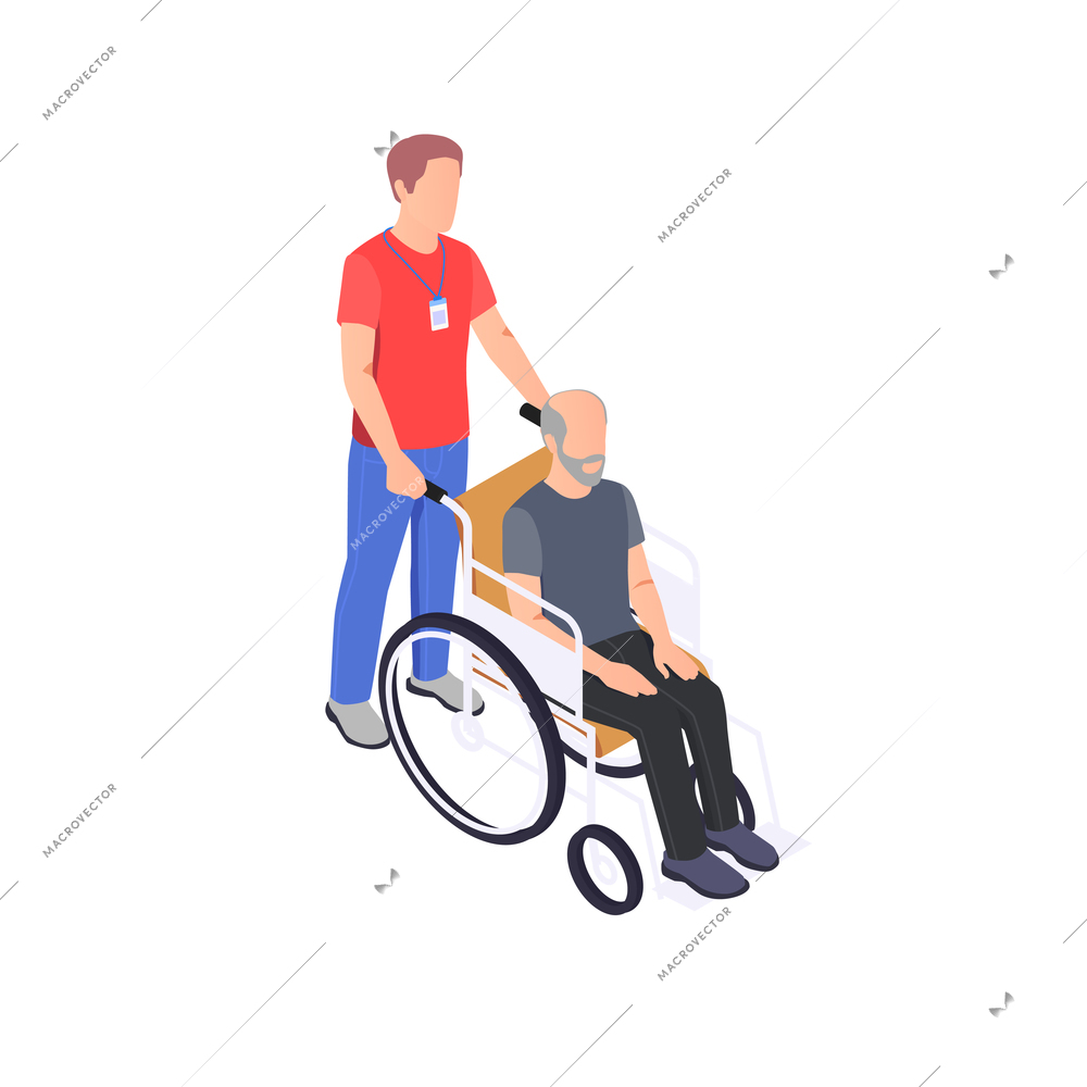 Charity donation volunteering isometric composition with male volunteer with senior person on wheelchair vector illustration