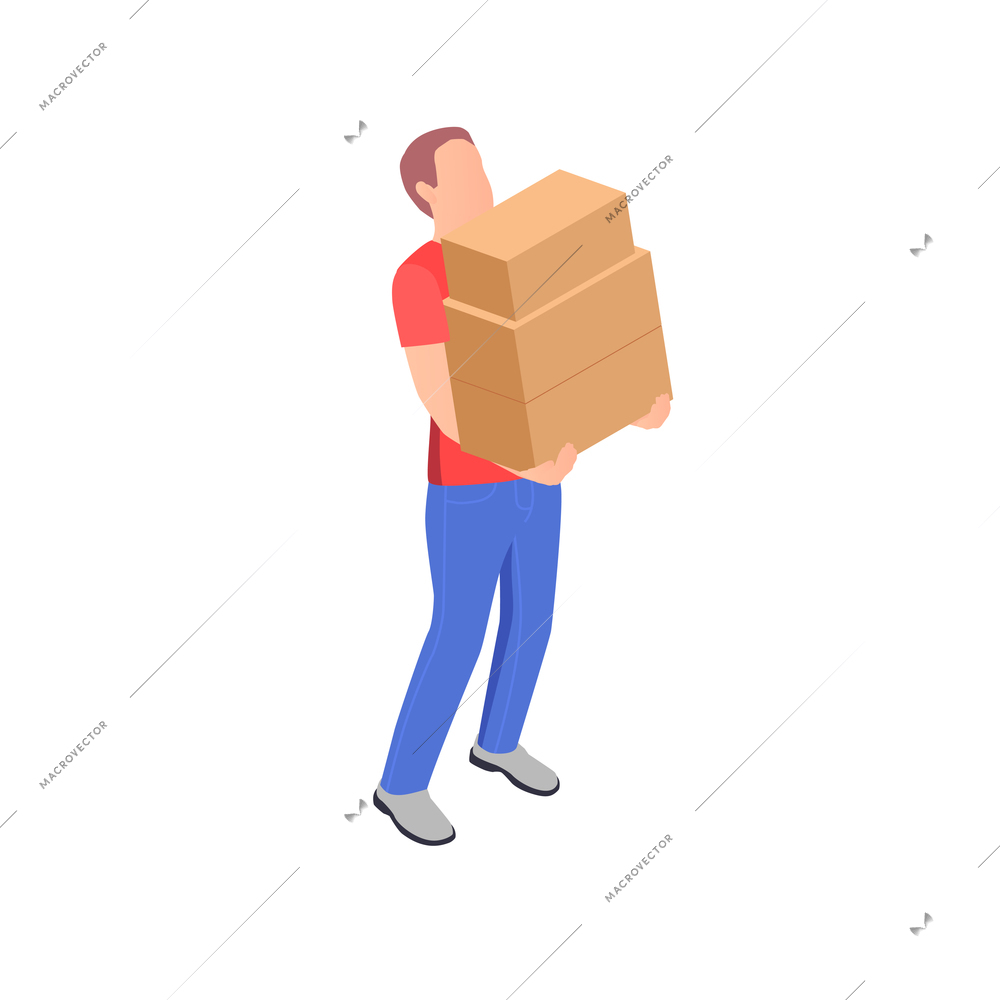 Charity donation volunteering isometric composition with male volunteer carrying stack of boxes vector illustration