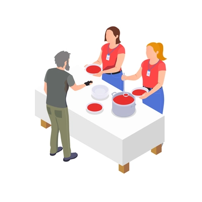 Charity donation volunteering isometric composition with volunteers giving food to homeless person vector illustration