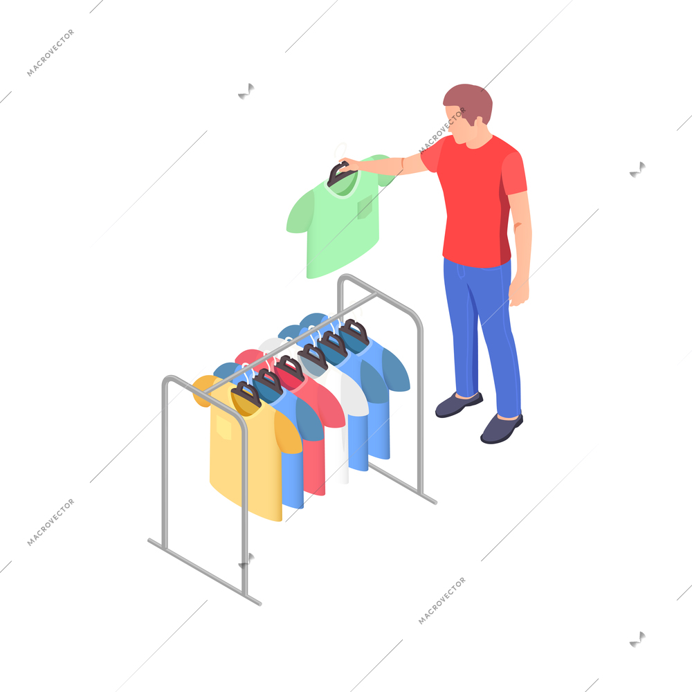 Charity donation volunteering isometric composition with volunteer near donated clothes hanging on rail vector illustration