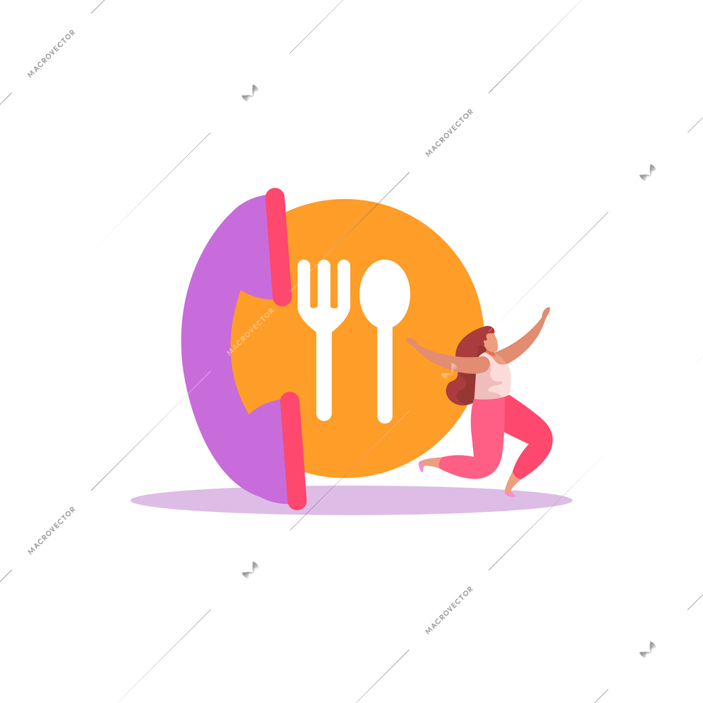 Food delivery flat composition with isolated images phone handle jumping woman and dish sign vector illustration
