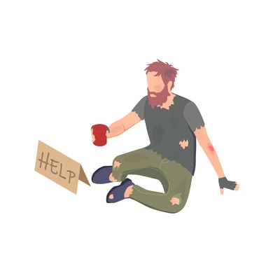 Charity donation volunteering isometric composition with homeless person begging for help vector illustration