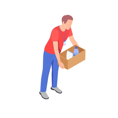 Charity donation volunteering isometric composition with male volunteer holding box with goods vector illustration