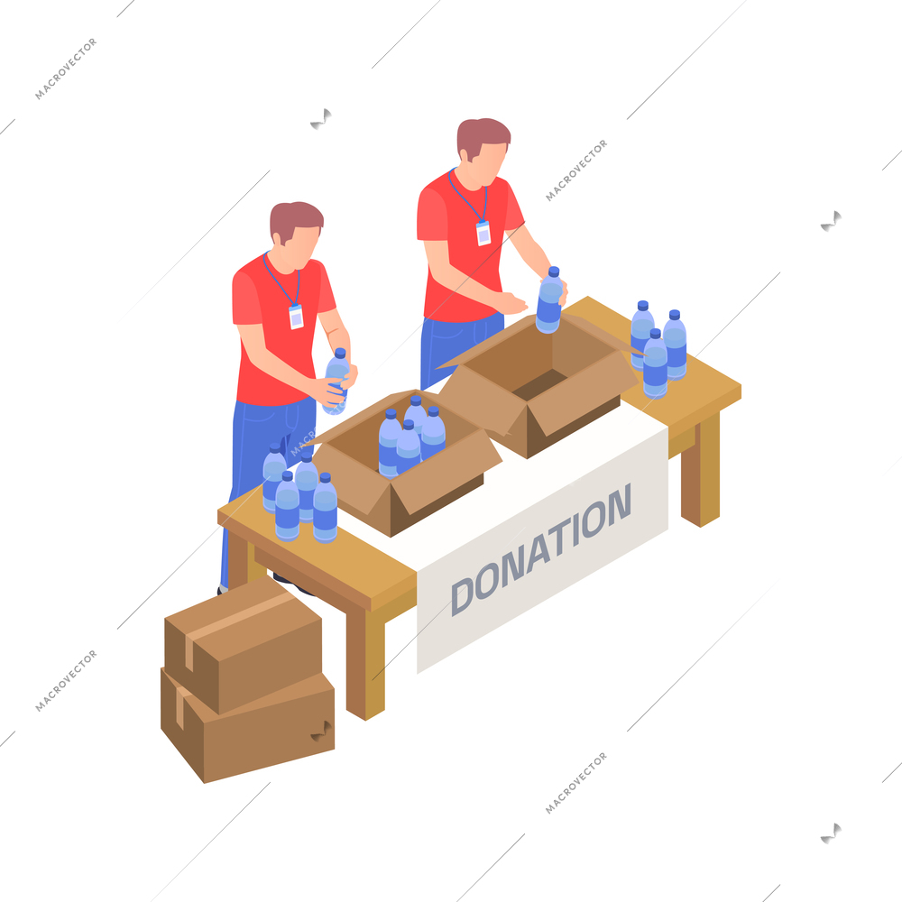 Charity donation volunteering isometric composition with volunteers giving products away with goods vector illustration