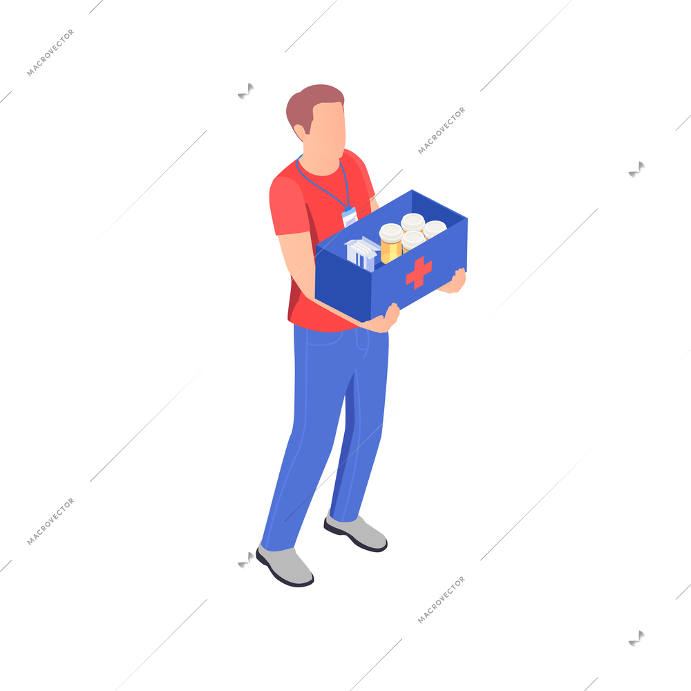 Charity donation volunteering isometric composition with male volunteer holding box with goods vector illustration
