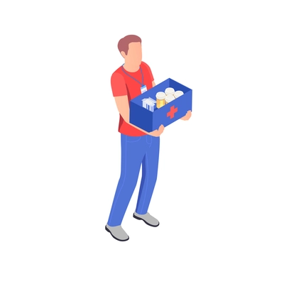 Charity donation volunteering isometric composition with male volunteer holding box with goods vector illustration