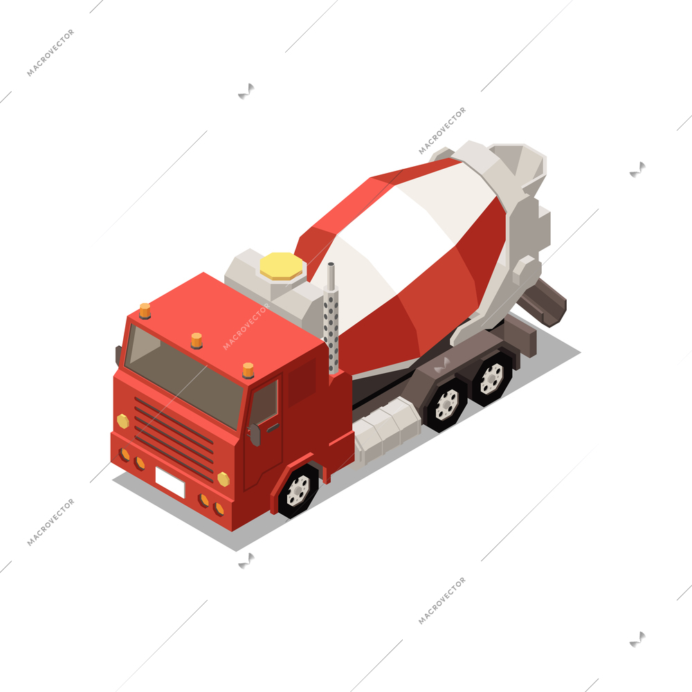 Concrete cement production isometric composition with mixing truck vector illustration