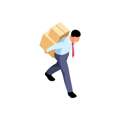 Office relocation isometric composition with worker carrying stack of boxes on his back vector illustration