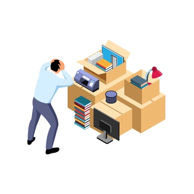 Office relocation isometric composition with distracted worker looking at packed things vector illustration