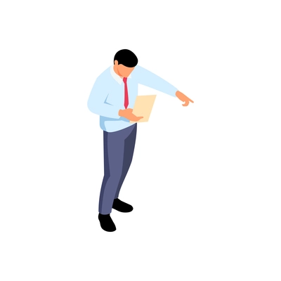 Office relocation isometric composition with worker holding paper sheet with list of items vector illustration