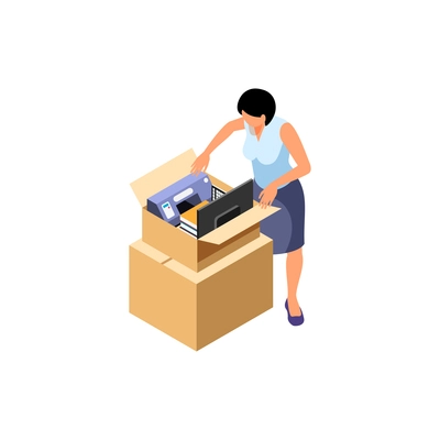 Office relocation isometric composition with female worker character loading machinery into box vector illustration