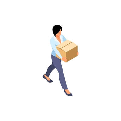 Office relocation isometric composition with female character of worker carrying carton box vector illustration