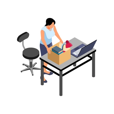 Office relocation isometric composition with woman packing her workplace things into box vector illustration