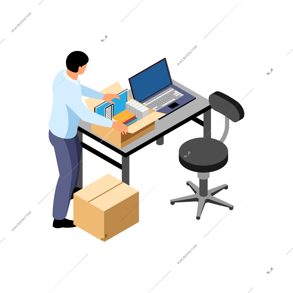 Office relocation isometric composition with worker gathering his things at working table vector illustration