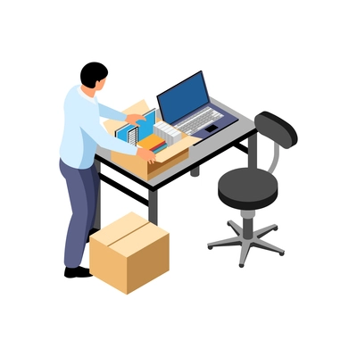 Office relocation isometric composition with worker gathering his things at working table vector illustration