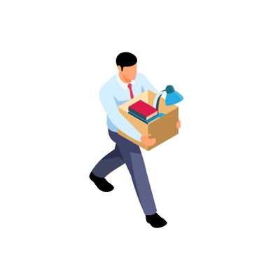 Office relocation isometric composition with worker carrying carton box with his workplace essentials vector illustration